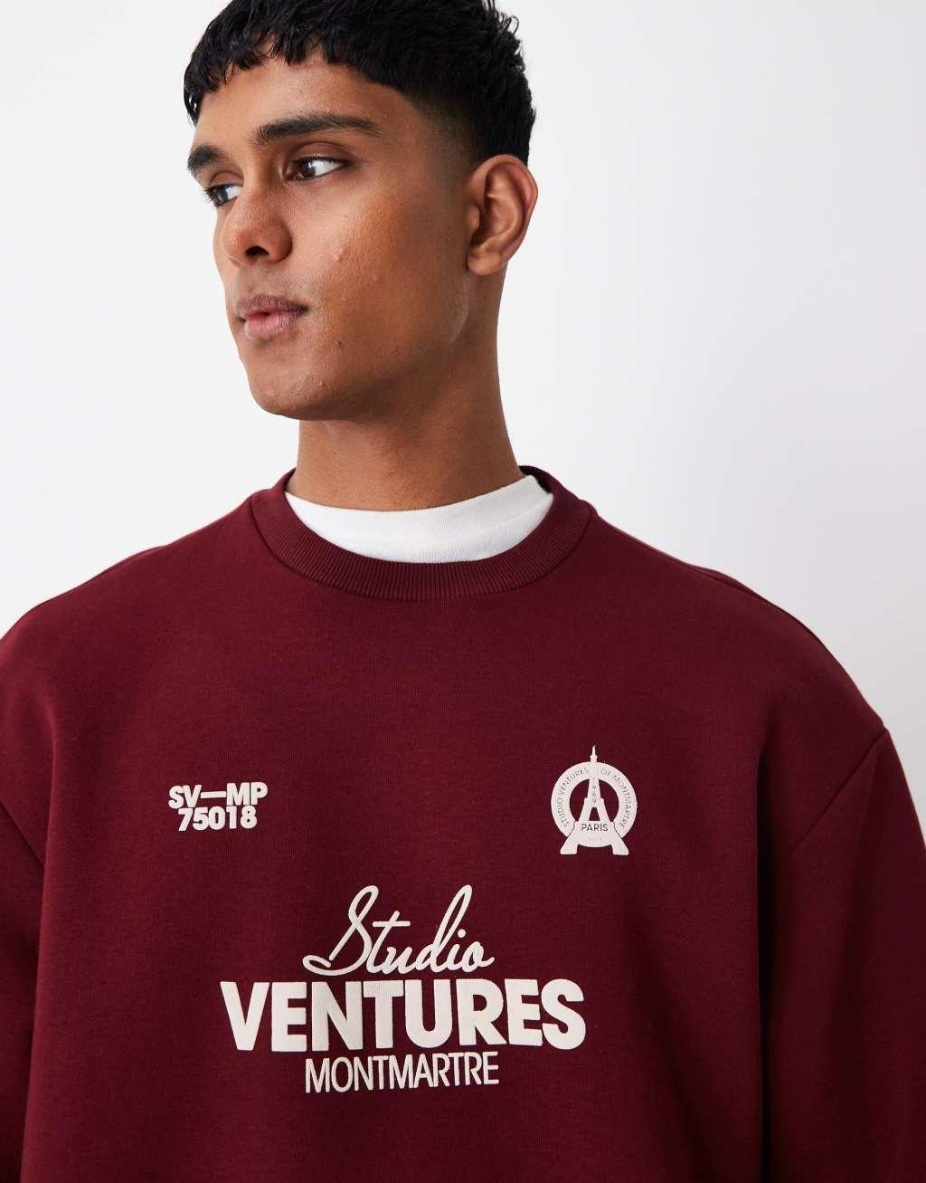 ASOS DESIGN oversized cropped sweatshirt in burgundy with chest print Product Image