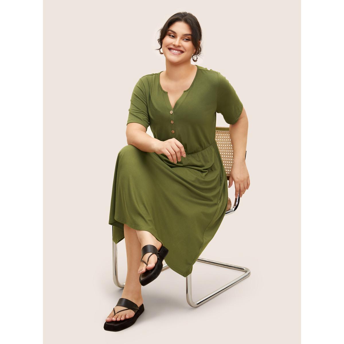 Plus Size Notched Solid Button Detail Midi Dress ArmyGreen Women Basics Button Flat collar with V-notch Short sleeve Curvy BloomChic 12/L Product Image