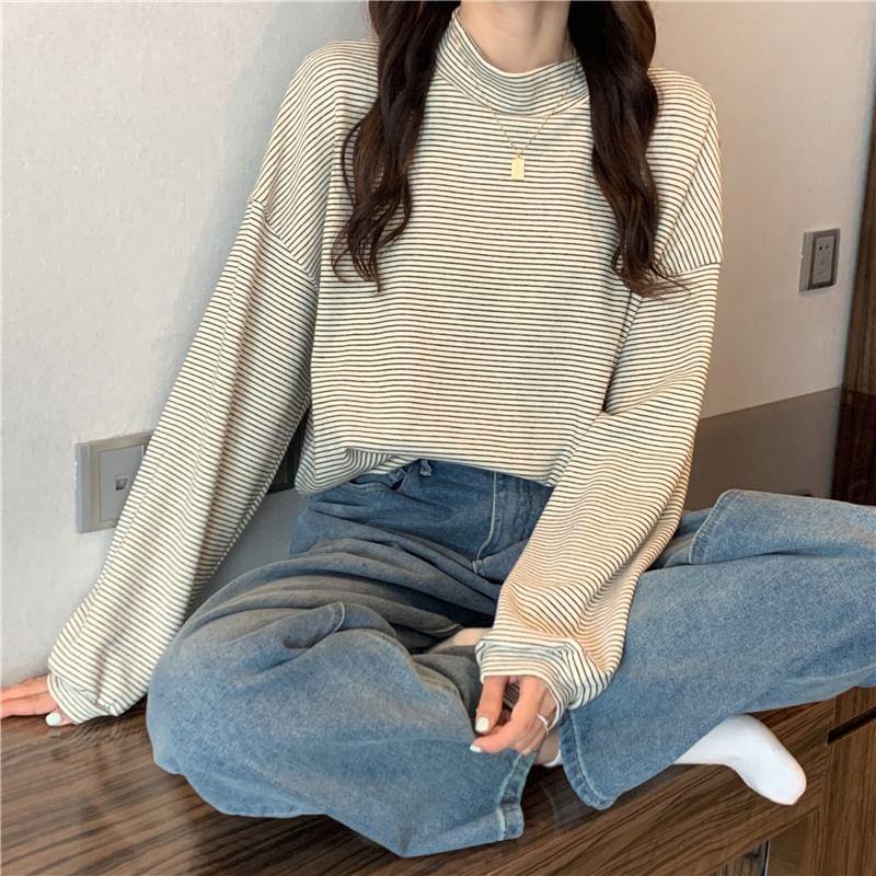 Long-Sleeve Mock Neck Striped T-Shirt Product Image