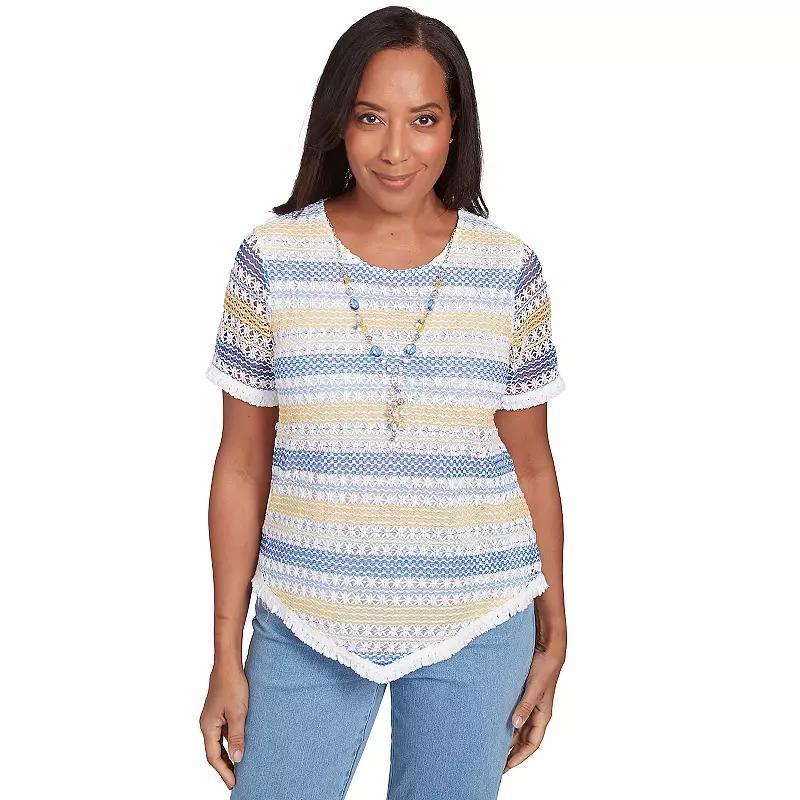Women's Alfred Dunner Textured Biadere Fringe Top with Necklace, Size: Large, Blue Team Product Image