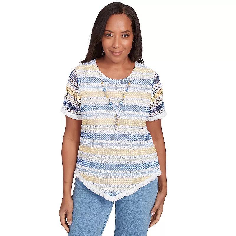 Women's Alfred Dunner Textured Biadere Fringe Top with Necklace, Size: Large, Blue Team Product Image