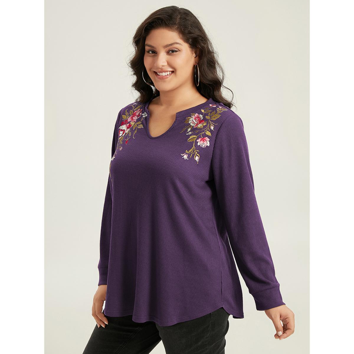 Plus Size Floral Embroidered Notched Arc Hem Sweatshirt Women Mauve Casual Embroidered Notched collar Dailywear Sweatshirts BloomChic 14-16/1X Product Image
