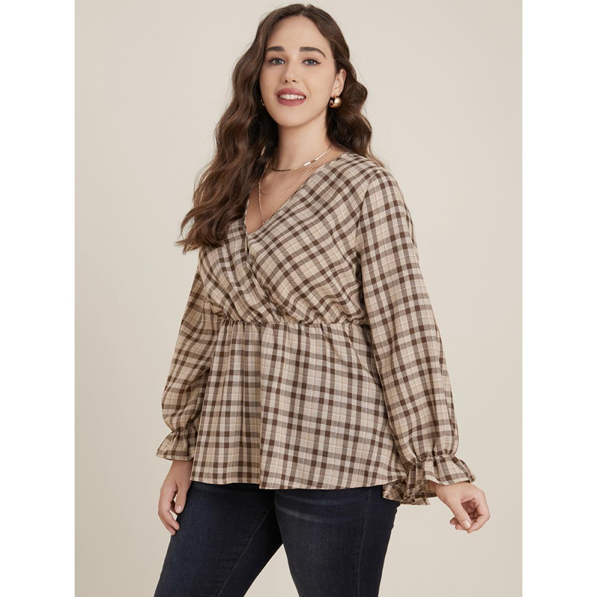 Plus Size LightBrown Plaid Lantern Sleeve Surplice Neck Blouse Women Elegant Long Sleeve V-neck Dailywear Blouses BloomChic 14-16/1X Product Image