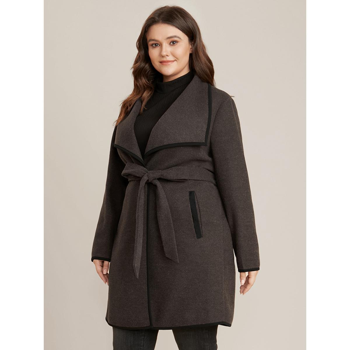 Plus Size Contrast Trim Pocket Belted Lapel Collar Coat Women DarkBrown Office Belted Ladies Work Winter Coats BloomChic 14-16/1X Product Image