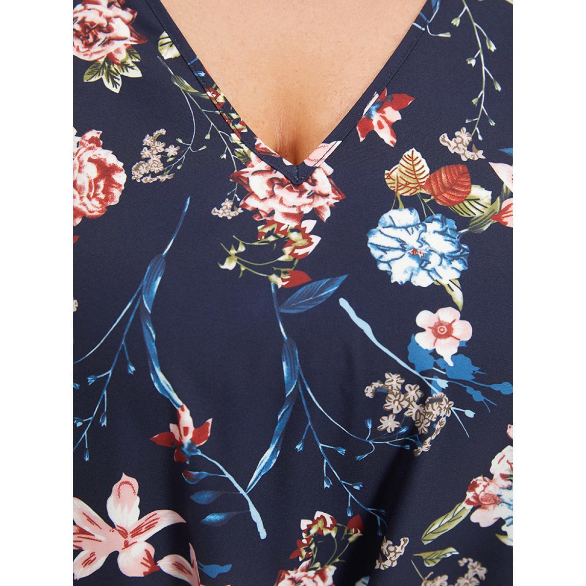 Plus Size Indigo Floral Print V Neck Ruffle Sleeve Twist Hem Blouse Women Elegant Half Sleeve V-neck Dailywear Blouses BloomChic 10/M Product Image