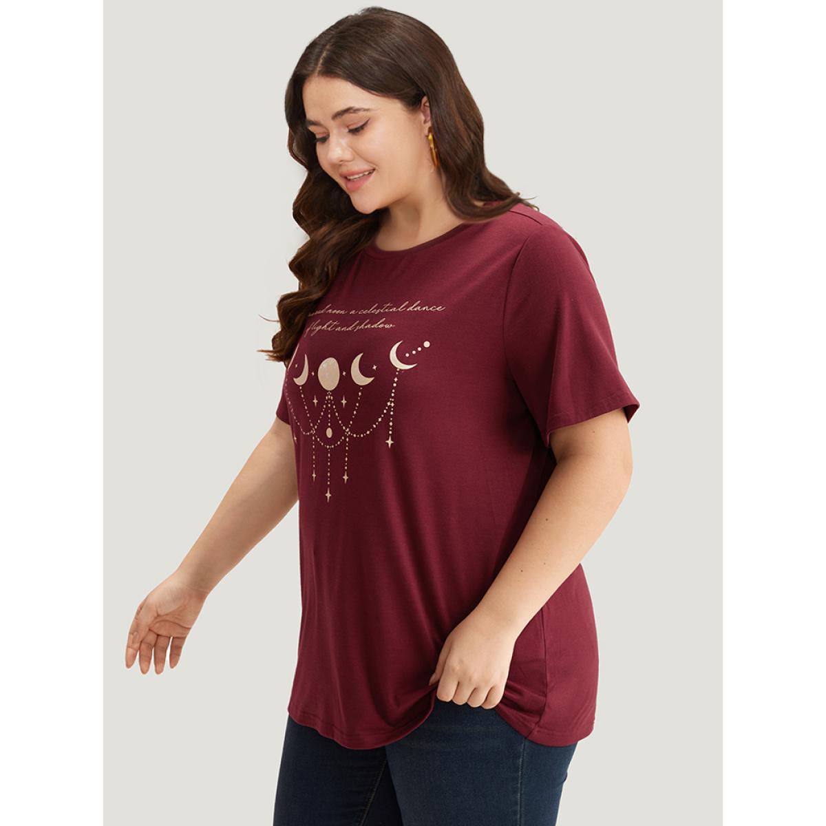 Plus Size Moon & Star Print Round Neck T-shirt Burgundy Women Casual Printed Star and moon Dailywear T-shirts BloomChic 14-16/1X Product Image