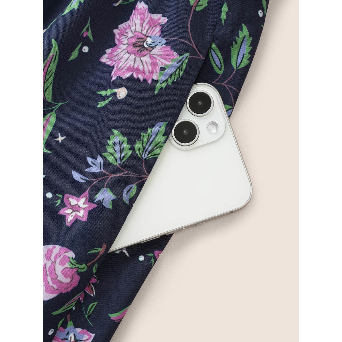 Plus Size Ditsy Floral Shirred Patchwork Ruffle Sleeve Dress Black Women Resort Shirred Square Neck Short sleeve Curvy Midi Dress BloomChic 14-16/1X Product Image