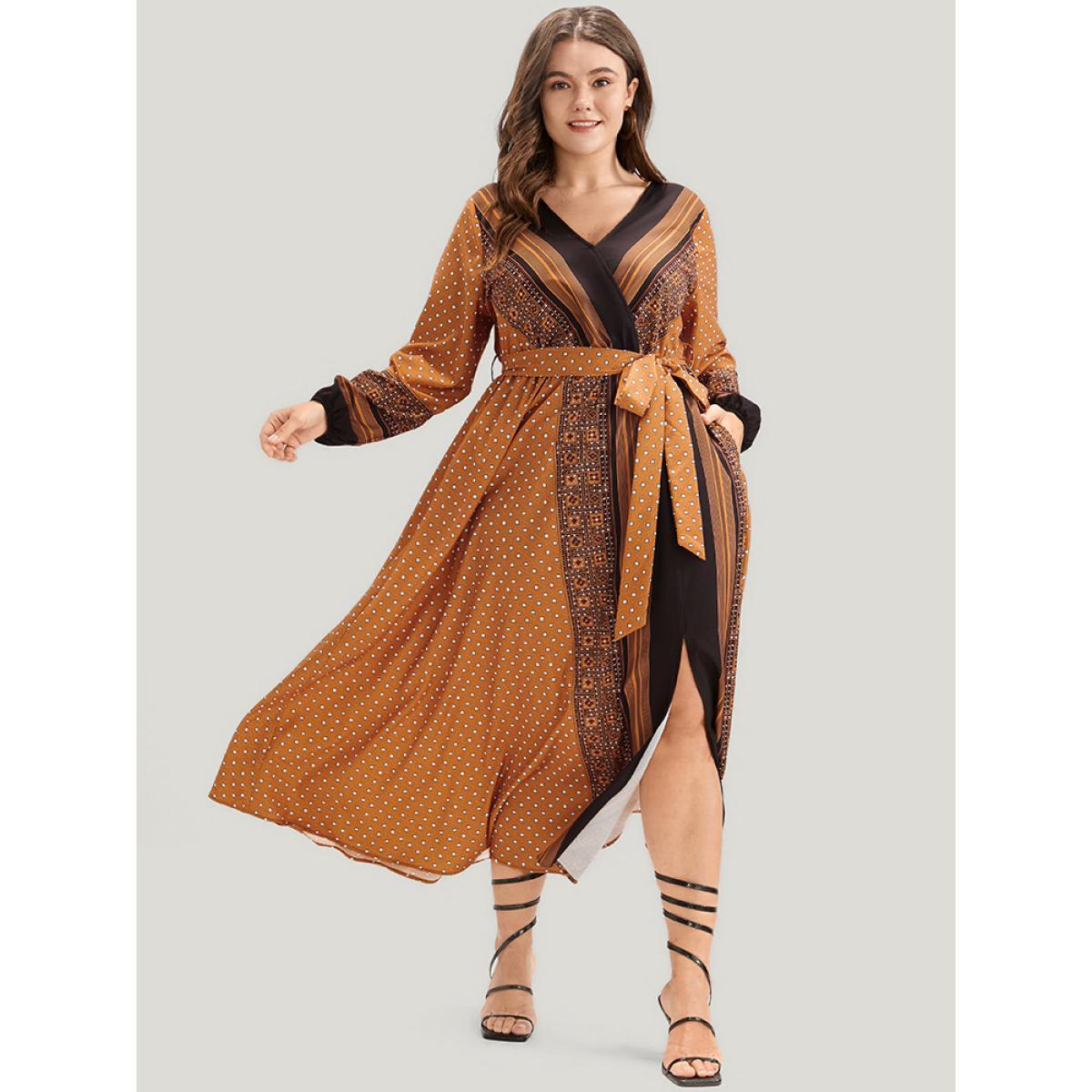 Plus Size Geometric Split Pocket Belted Wrap Lantern Sleeve Dress Bronze Women Vacation Belted V-neck Long Sleeve Curvy Midi Dress BloomChic 18-20/2X Product Image