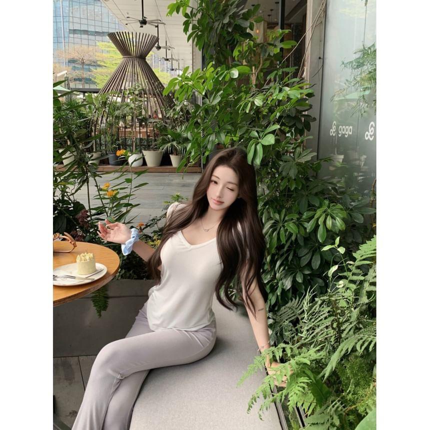 Short-Sleeve V-Neck Plain Crop T-Shirt / High Waist Plain Yoga Pants Product Image