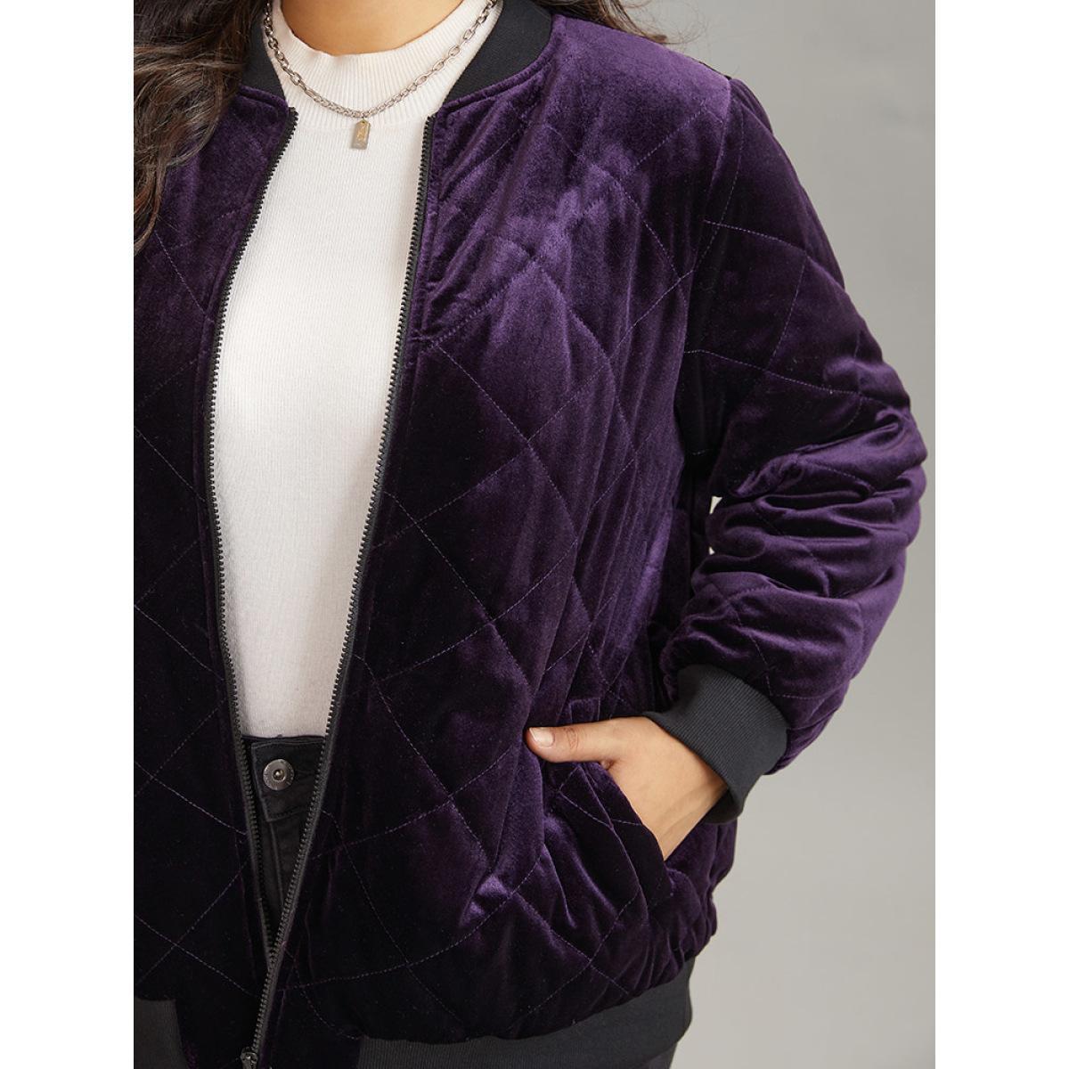 Plus Size Velvet Zipper Fly Pocket Quilted Padded Jacket Women Eggplant Velvet Pocket Dailywear Jackets BloomChic 14-16/1X Product Image