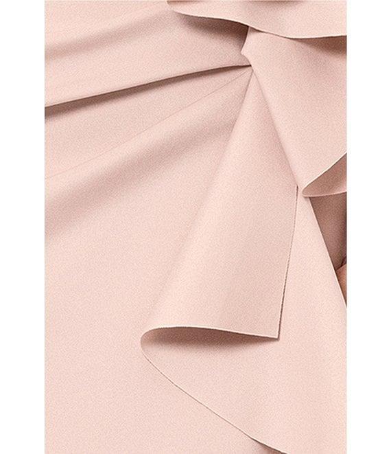 Xscape Scuba Off-the-Shoulder Neck Short Sleeve Ruffle Sheath Midi Dress Product Image