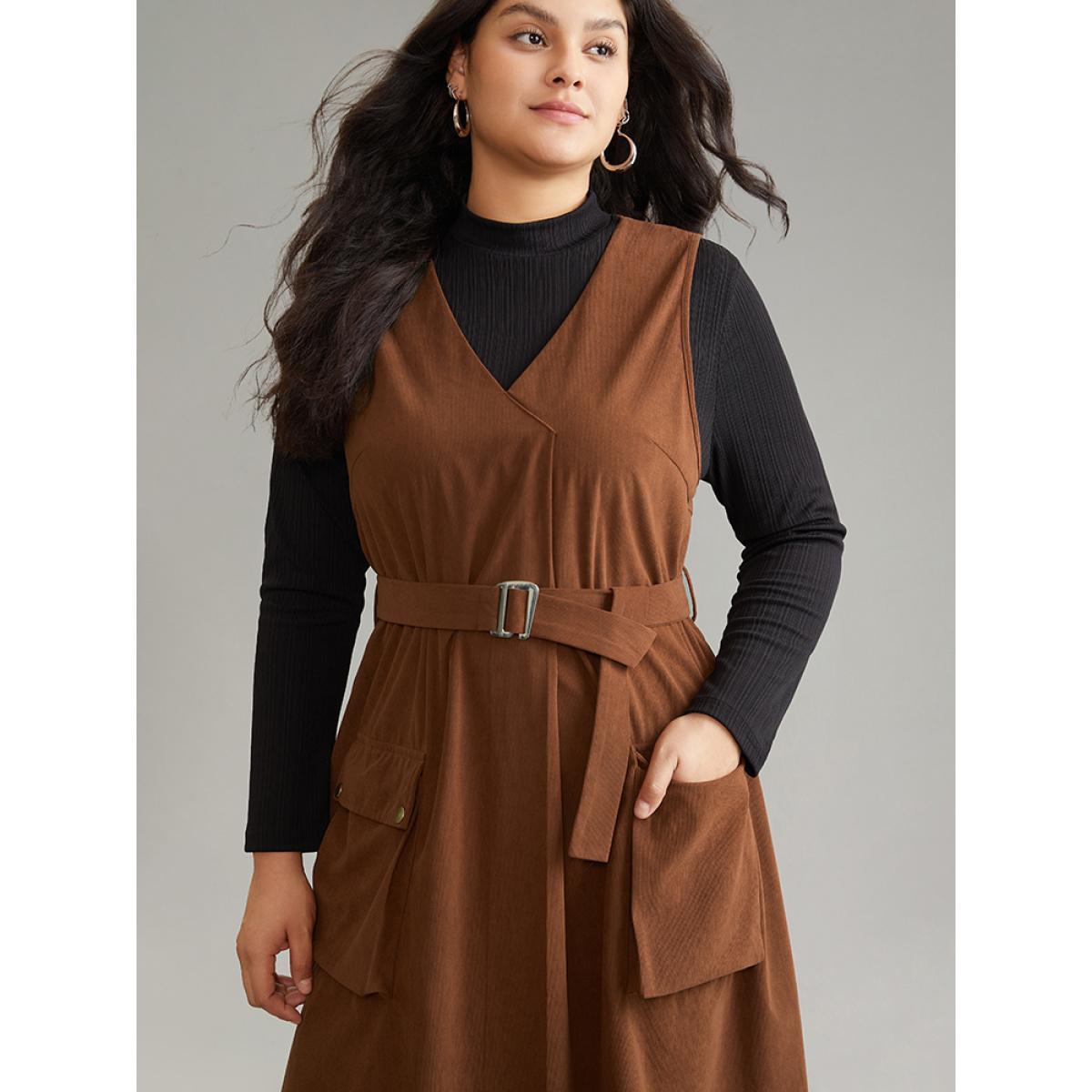 Plus Size Solid Belted Buckle Detail Flap Pocket Sleeveless Dress Bronze Women Office Plain V-neck Sleeveless Curvy Midi Dress BloomChic 10/M Product Image