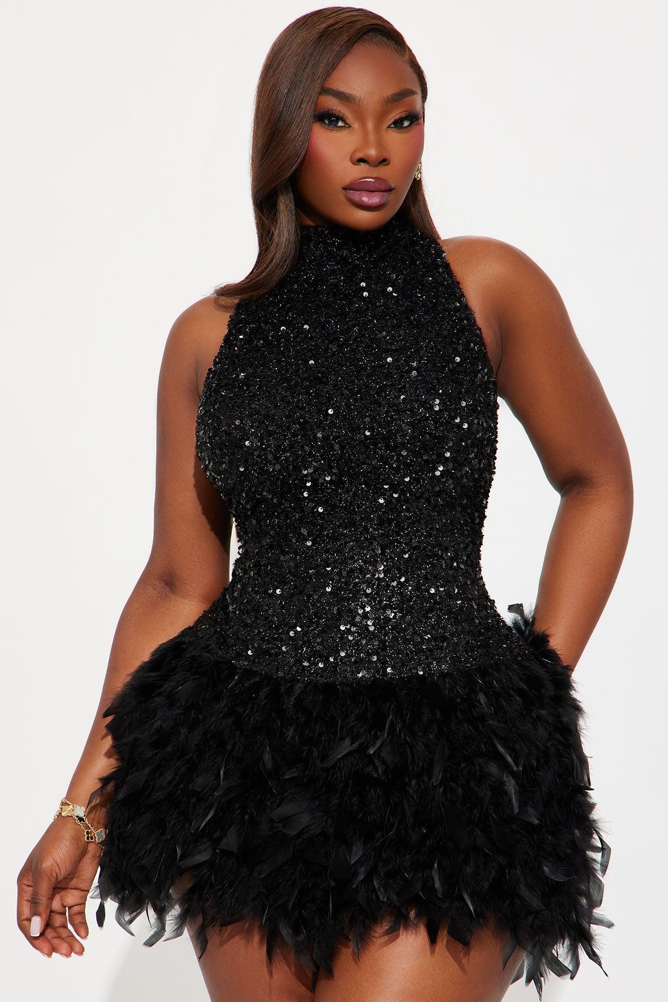 Zoey Feathered Sequin High Neck Mini Dress - Black Product Image