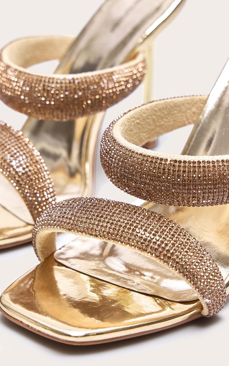 Gold Metallic Square Toe Diamante Padded Strap Heeled Sandals Product Image