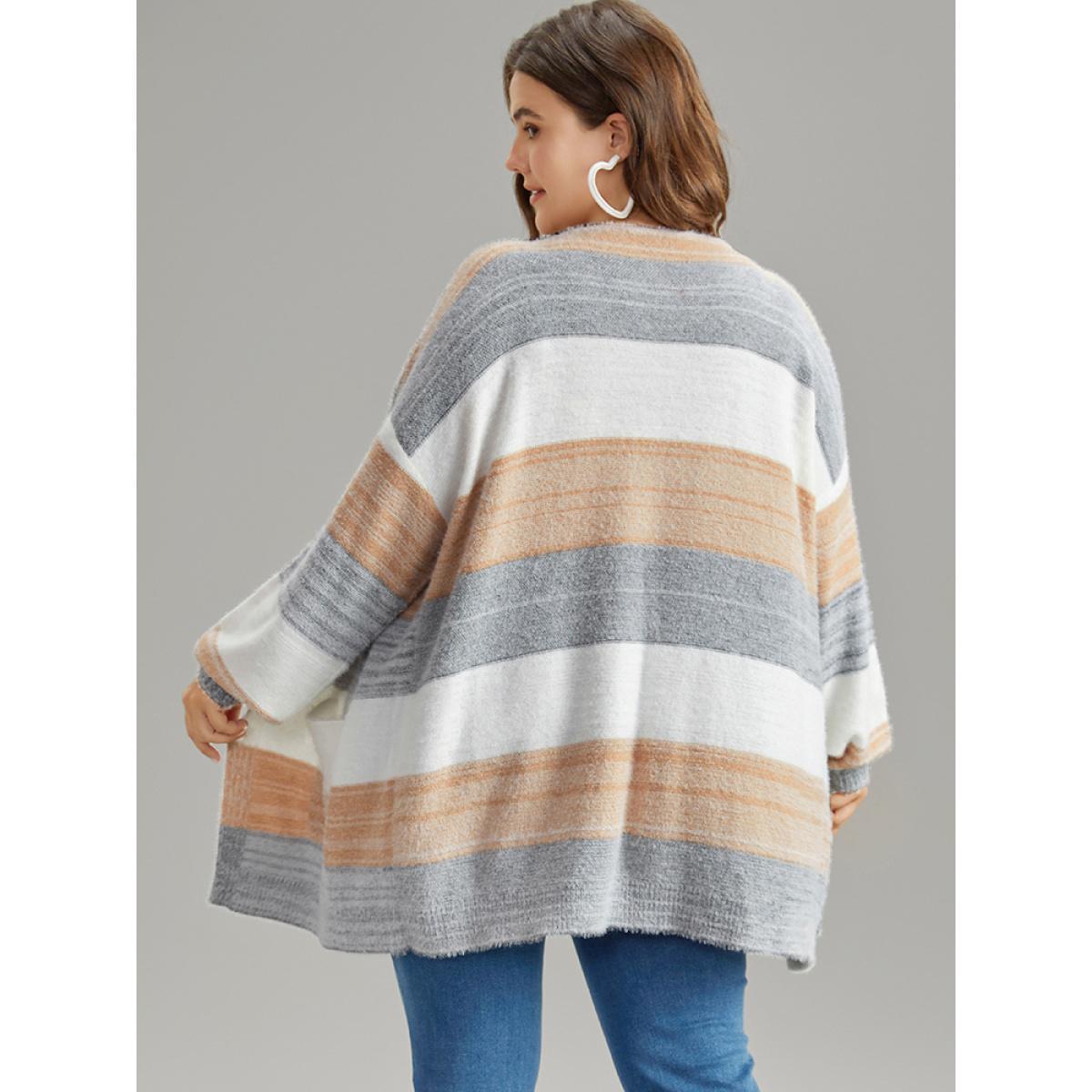 Plus Size Fuzzy Colorblock Heather Drop Shoulder Cardigan Multicolor Women Casual Loose Long Sleeve Dailywear Cardigans BloomChic 26/4X Product Image