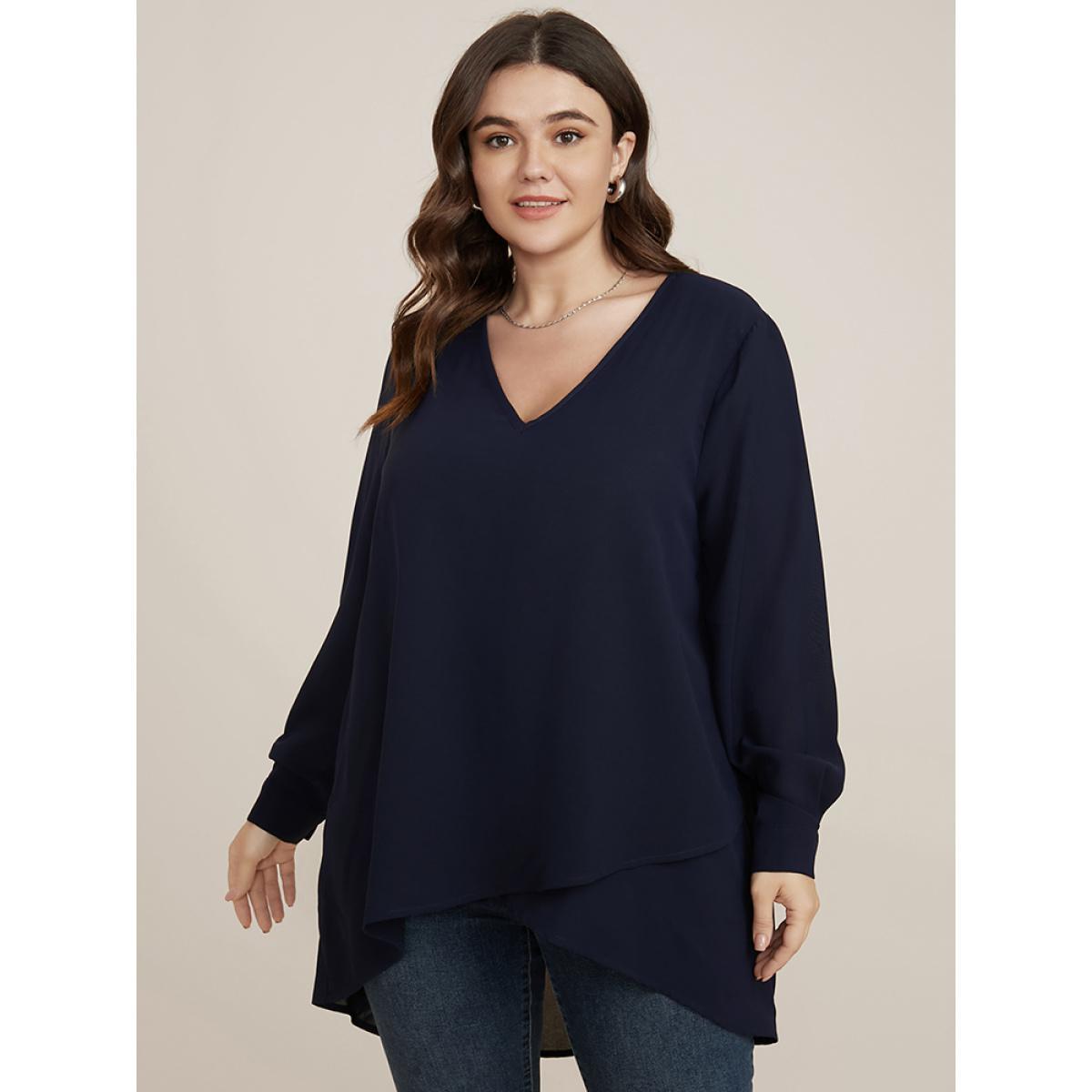 Plus Size DarkBlue Solid V Neck High Low Hem Blouse Women Office Long Sleeve V-neck Work Blouses BloomChic 30/6X Product Image