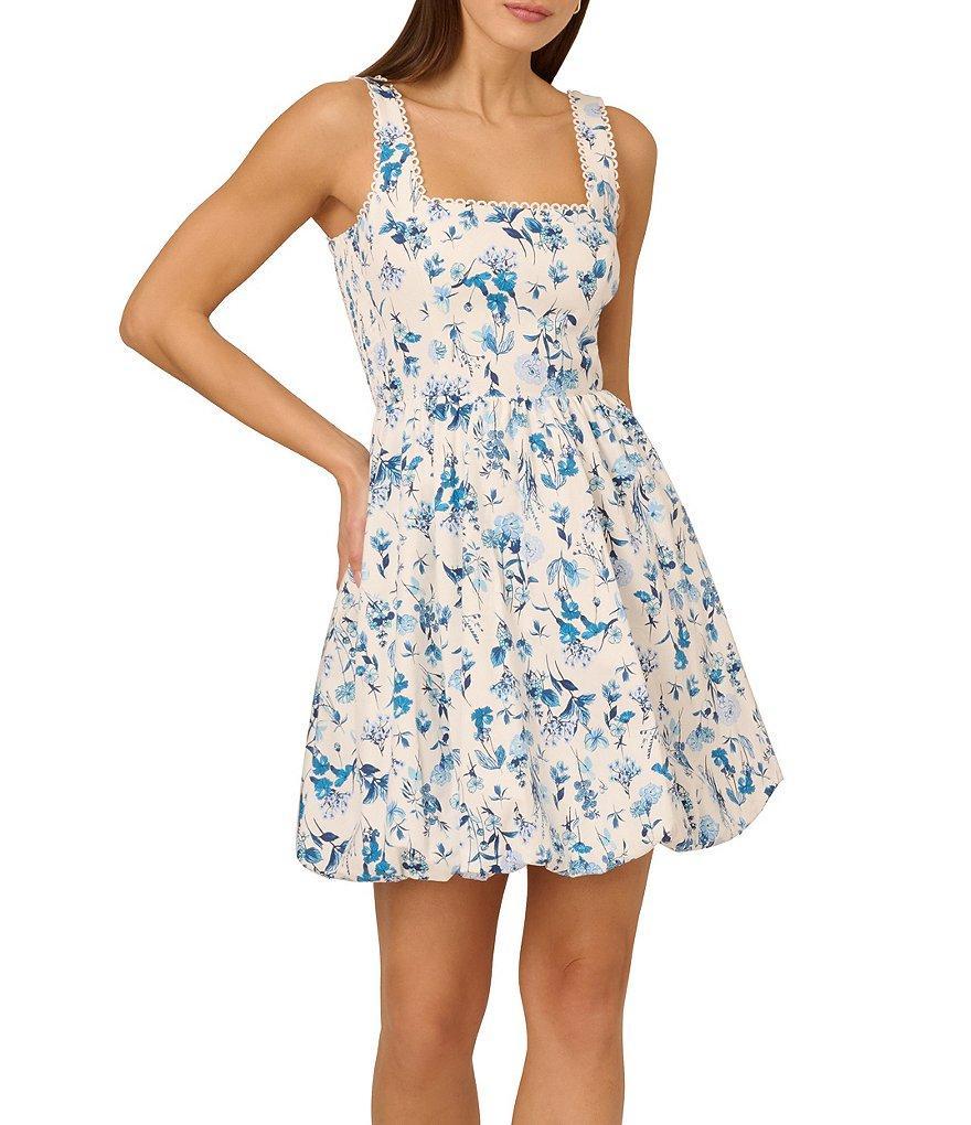 Adrianna Papell Square Neck Floral Printed Cotton Bubble Mini Dress Product Image