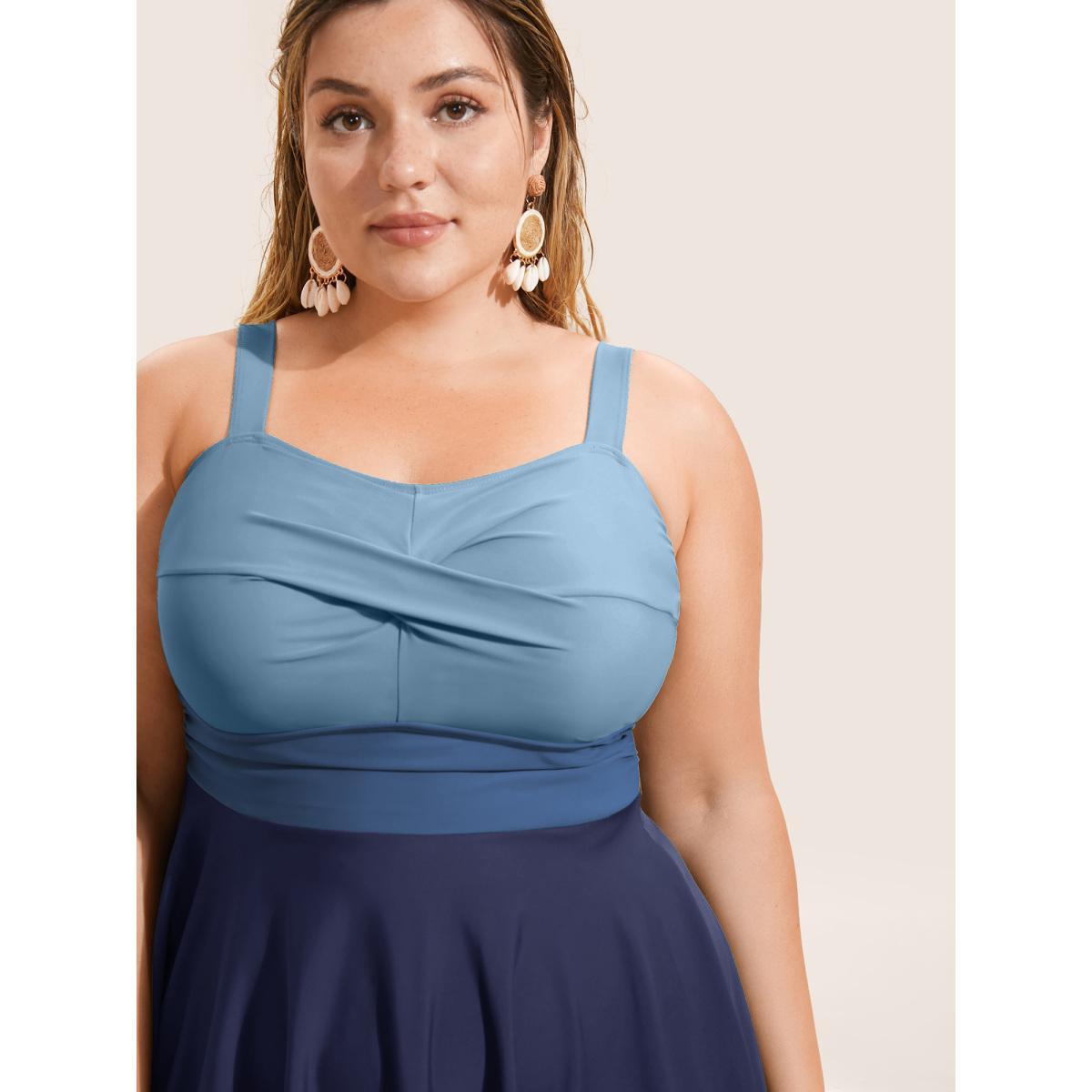 Plus Size Twist Front Patchwork Adjustable Straps Swim Dress Women's Swimwear Navy Beach Bodycon Heart neckline High stretch Curve Swim Dresses BloomChic 14-16/1X Product Image
