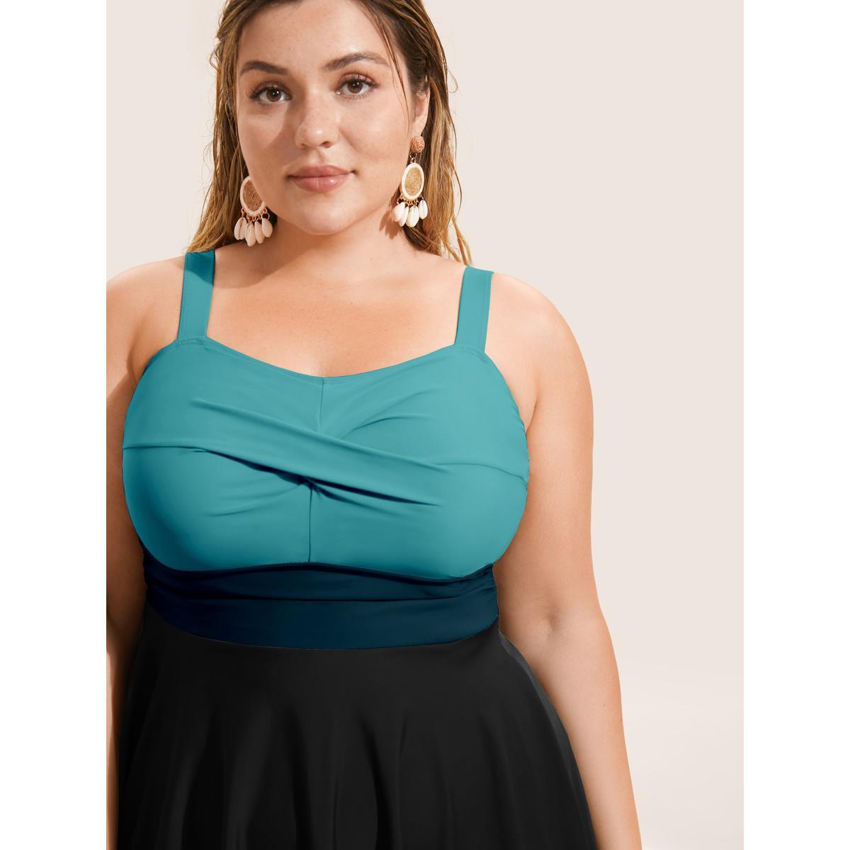 Plus Size Twist Front Patchwork Adjustable Straps Swim Dress Women's Swimwear Teal Beach Bodycon Heart neckline High stretch Curve Swim Dresses BloomChic 18-20/2X Product Image