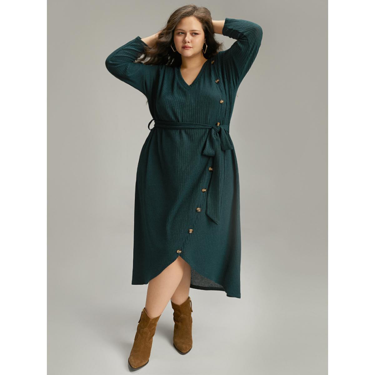 Plus Size Rib Knit Button Detail Belted Wrap Hem Dress Cyan Women Casual Texture V-neck Long Sleeve Curvy Midi Dress BloomChic 28/5X Product Image