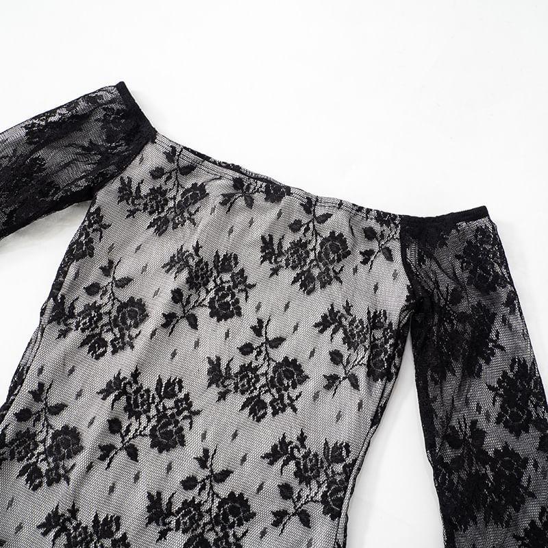 Long-Sleeve Off-Shoulder Lace Mini Bodycon Dress Product Image