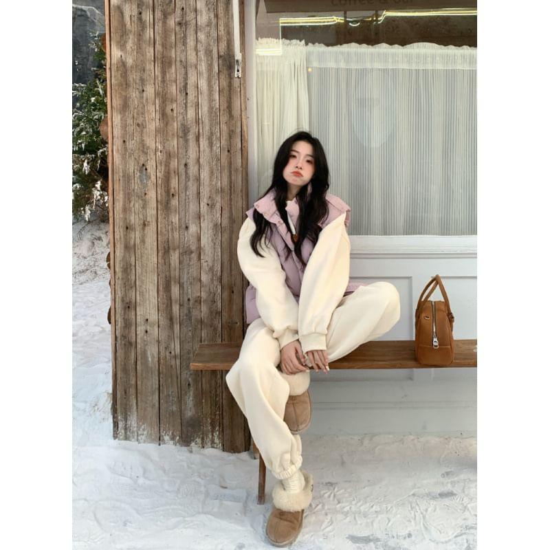 Stand Collar Plain Zip-Up Puffer Vest / Round Neck Sweatshirt / High Rise Harem Sweatpants Product Image