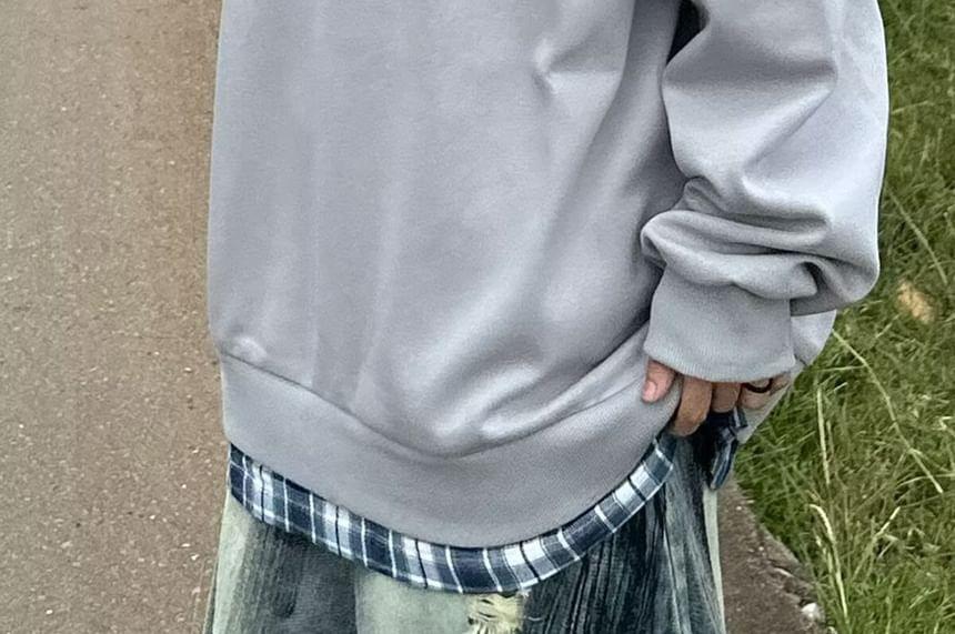 Mock Two-Piece Plaid Panel Hoodie Product Image