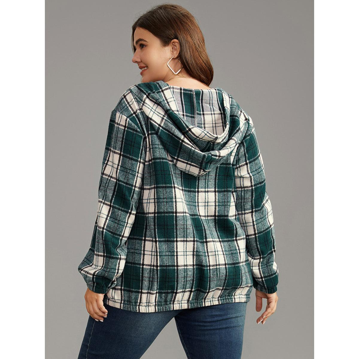 Plus Size Plaid Button Up Hooded Pocket Sweatshirt Women Green Casual Elastic cuffs Hooded Dailywear Sweatshirts BloomChic 10/M Product Image