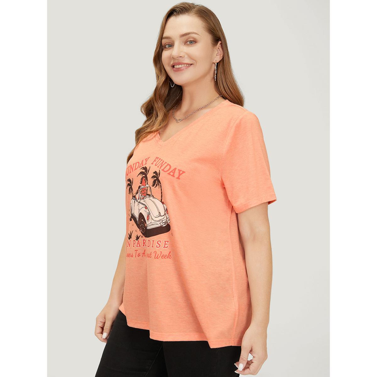 Plus Size Car & Letter Print V Neck Drop Shoulder T-shirt Coral Women Casual Tropical Dailywear T-shirts BloomChic 18-20/2X Product Image