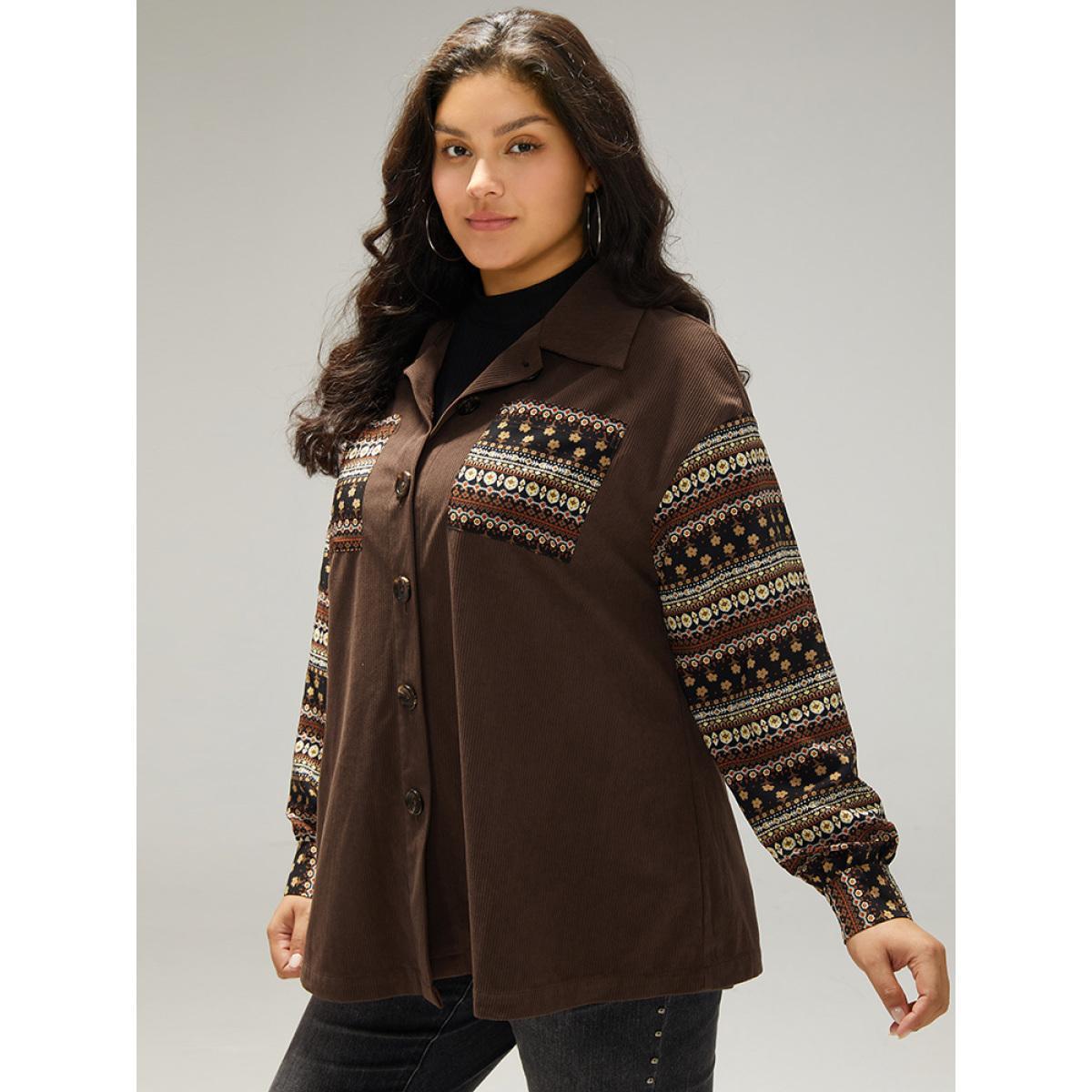 Plus Size Bandana Print Patchwork Button Through Jacket Women DarkBrown Contrast Pocket Dailywear Jackets BloomChic 18-20/2X Product Image