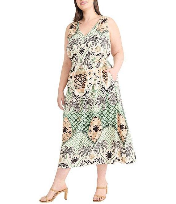 Maggy London Plus Size Palm Tree Print Sleeveless V-Neck A-Line Midi Dress Product Image