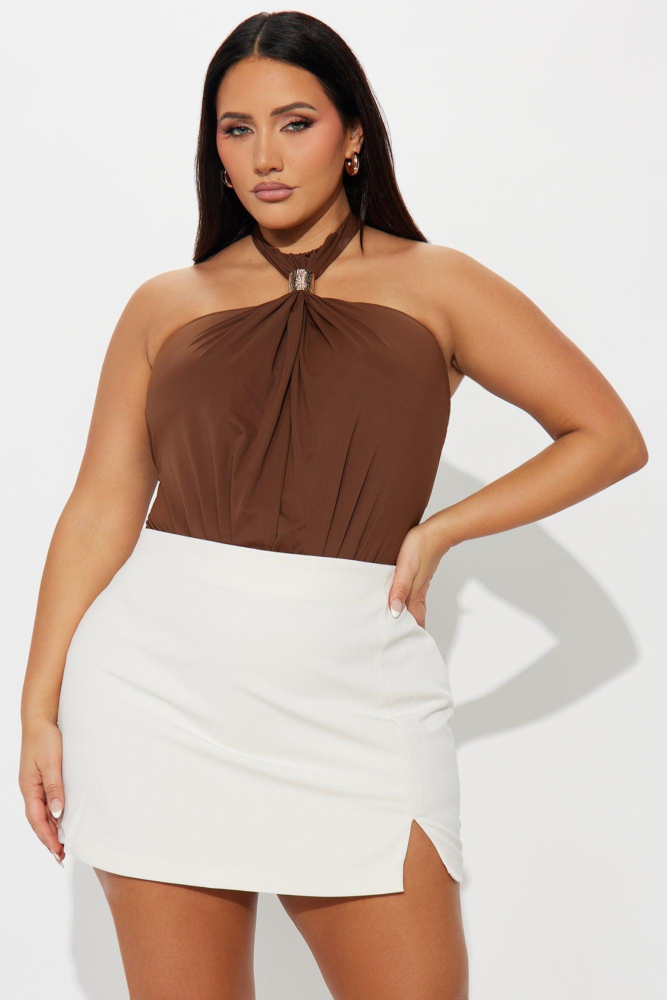 Beverly Y-Neck Ruched Bodysuit - Chocolate Product Image