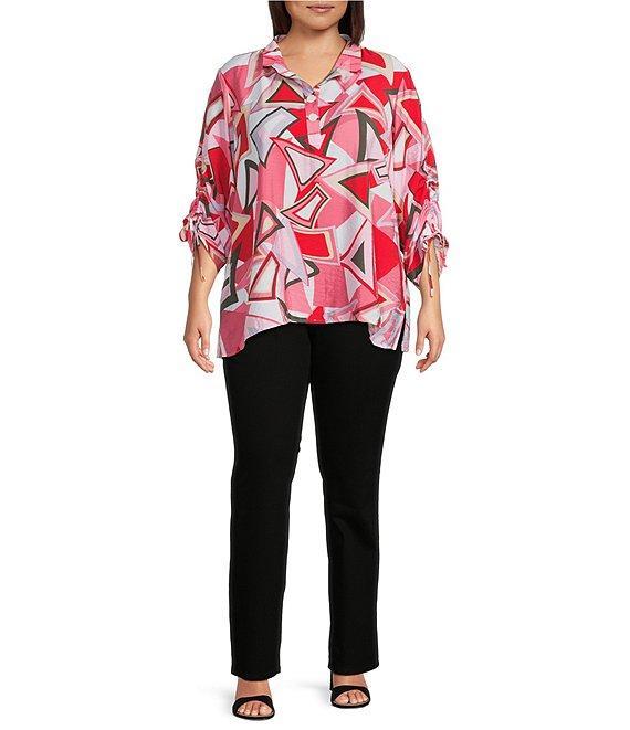 Ali Miles Plus Size Abstract Print Wire Collar 3/4 Cinch Tie Sleeve Tunic Product Image