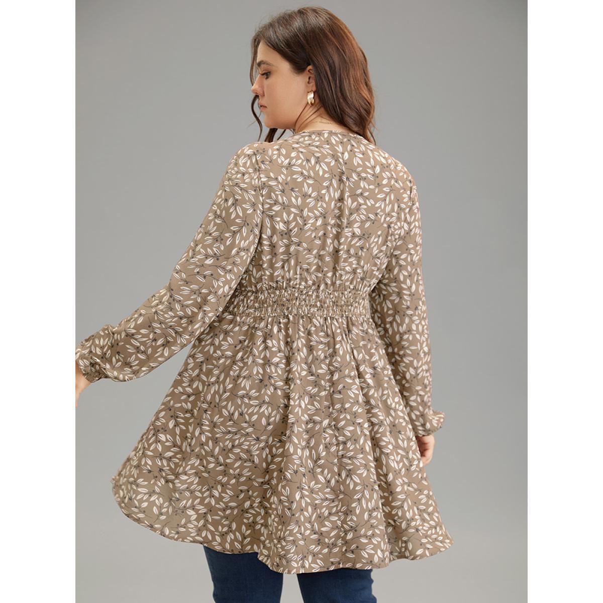 Plus Size Apricot Ditsy Floral Shirred Elastic Waist High Low Hem Blouse Women Elegant Long Sleeve V-neck Everyday Blouses BloomChic 26/4X Product Image