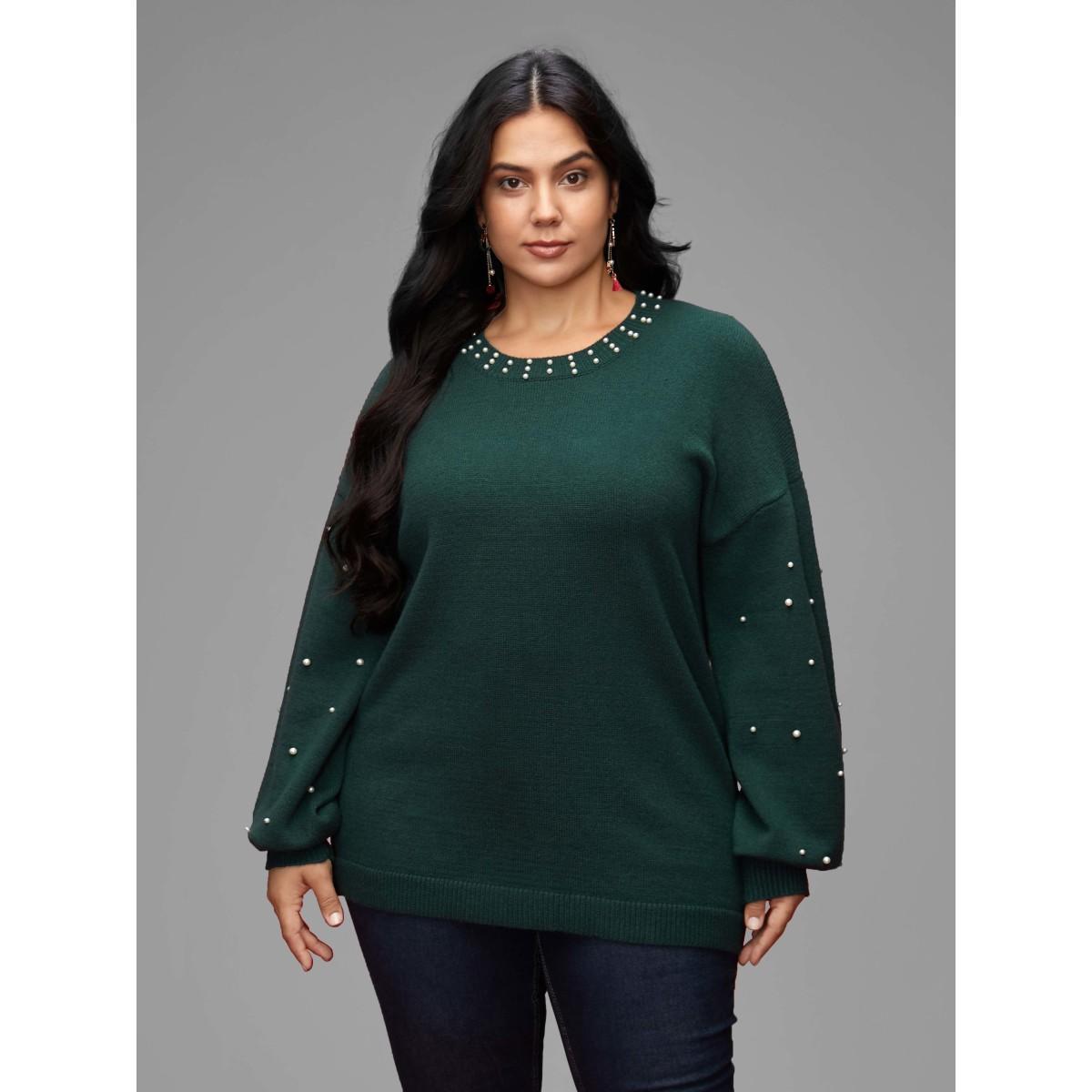 Plus Size Supersoft Essentials Beaded Neckline Drop-Shoulder Pullover DarkGreen Women Casual Loose Long Sleeve Round Neck Everyday Pullovers BloomChic 14-16/1X Product Image