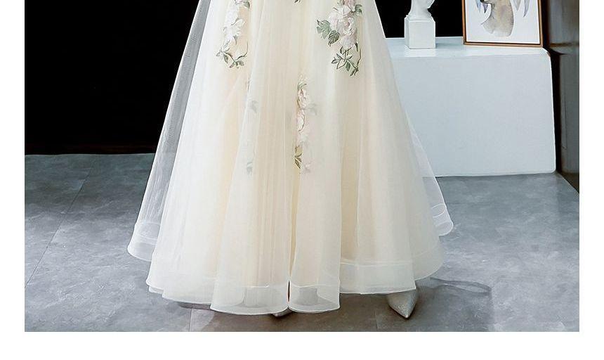Short-Sleeve V-Neck Floral Embroidered A-Line Evening Gown Product Image