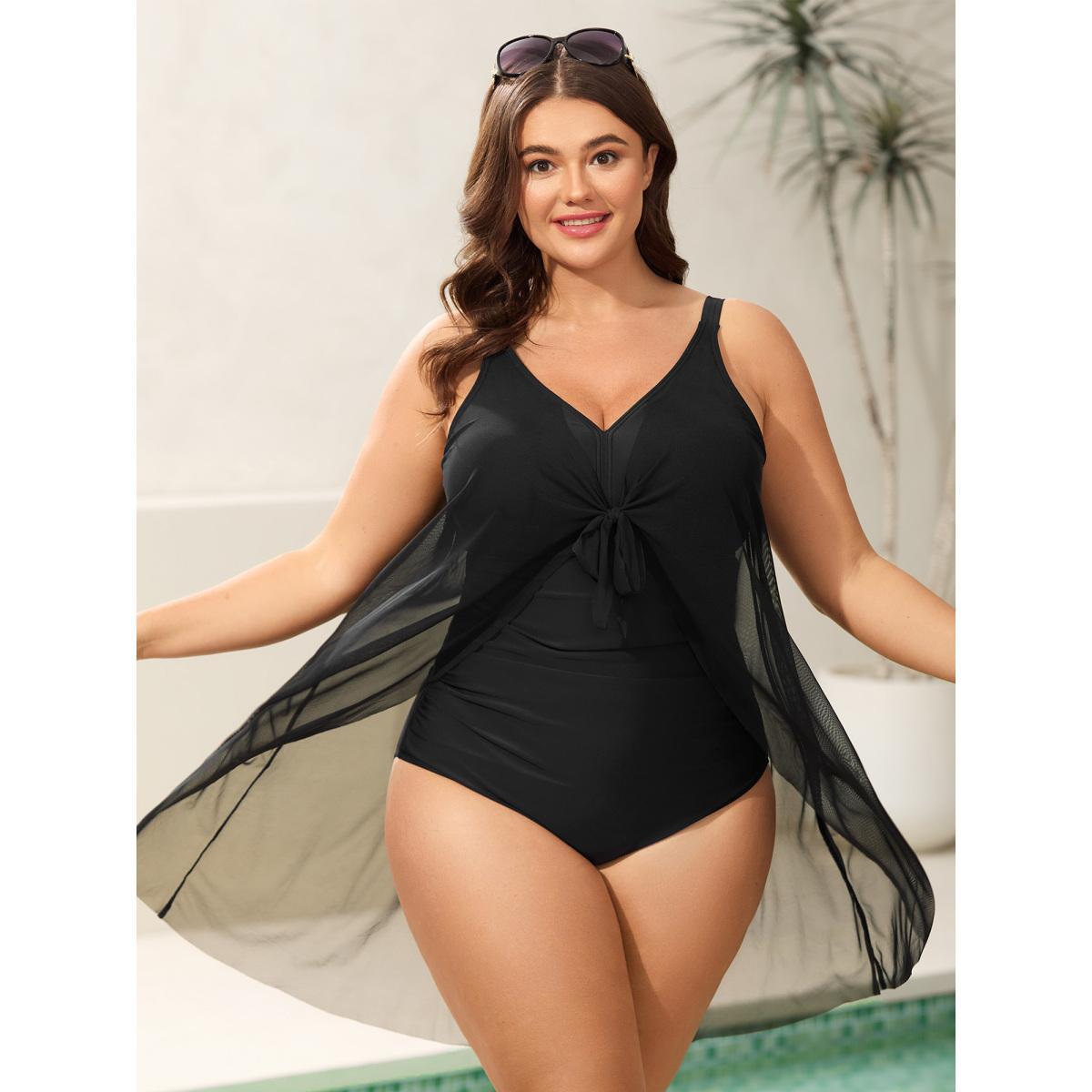 Plus Size Knotted Front Extra Coverage One-Piece Swimsuit Women's Swimwear Black Beach Tie knot Curve Bathing Suits High stretch One Pieces BloomChic 30/6X Product Image