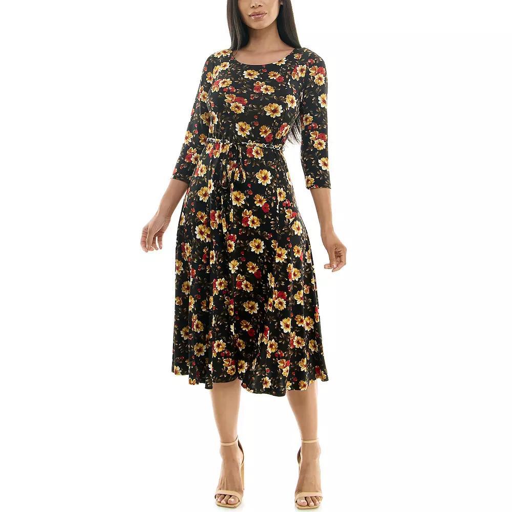 Women's Nina Leonard Patchwork-Print Midi Dress, Size: Large, Black Rust Gold Product Image