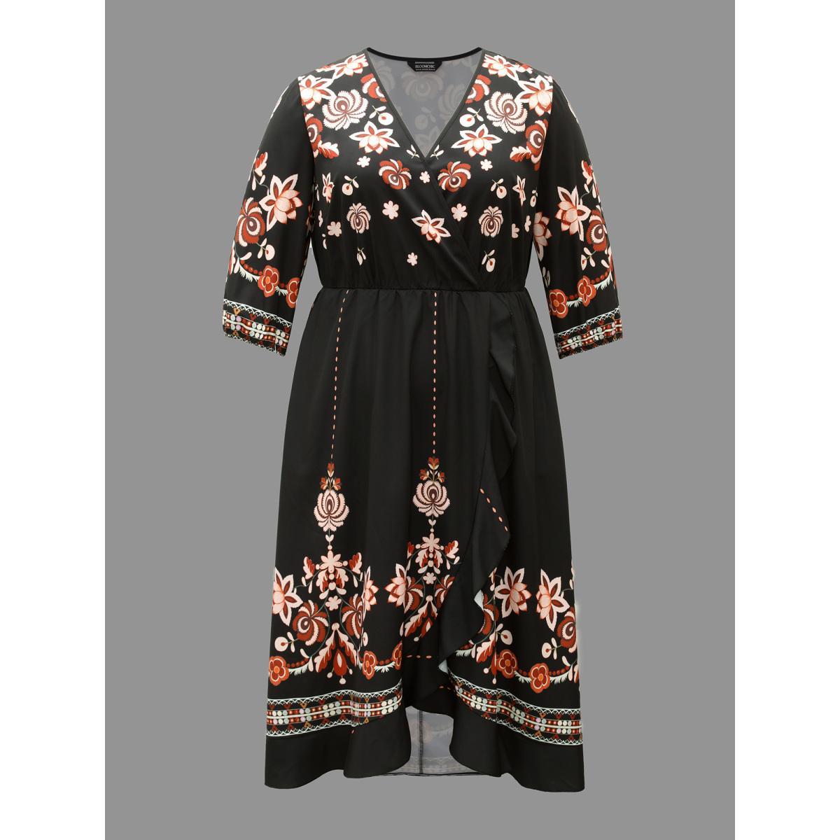 Plus Size Floral Print Wrap Ruffled Hem Dress BlackFlower Women Resort Ruffles Overlap Collar Elbow-length sleeve Curvy BloomChic 14-16/1X Product Image