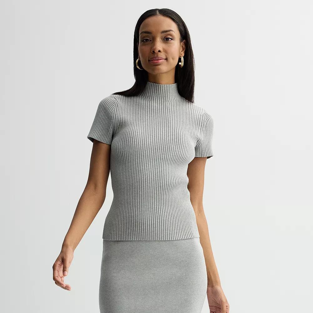 Women's Nine West Ribbed Mockneck Short Sleeve Sweater, Size: Medium, Dark Metal Grey Product Image