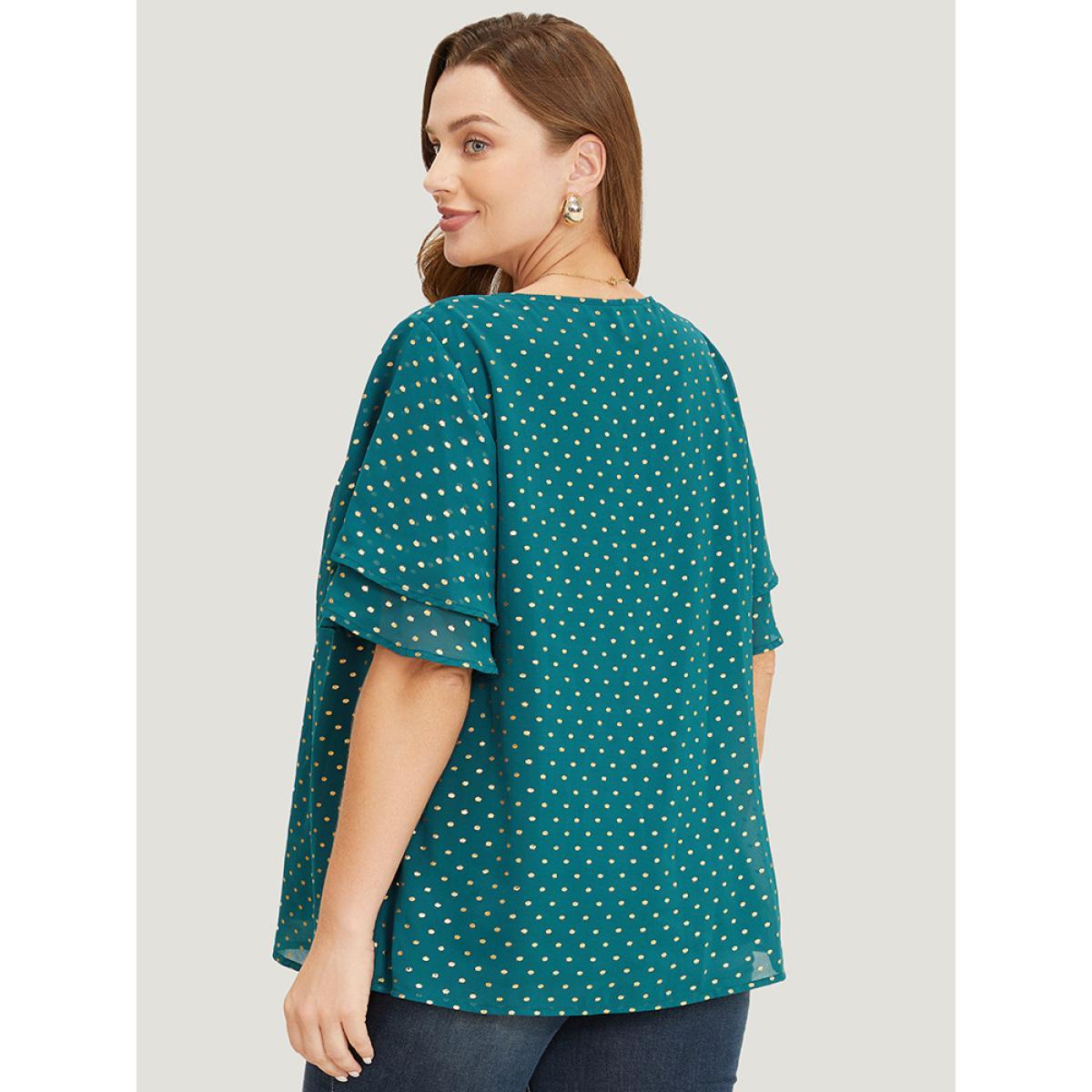 Plus Size DarkGreen Polka Dot Glitter Tiered Sleeve Pleated Keyhole Chain Neck Blouse Women Party Short sleeve Round Neck Going out Blouses BloomChic 14-16/1X Product Image