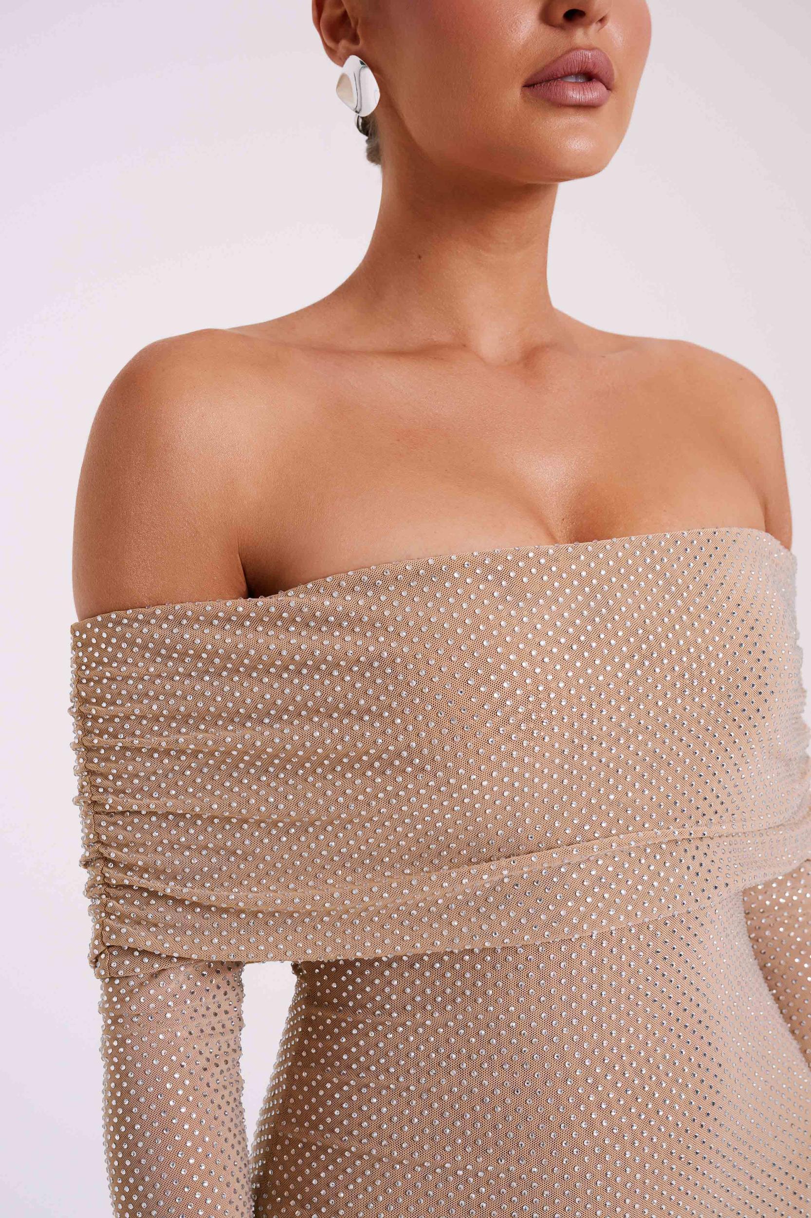 Marcel Off Shoulder Diamante Maxi Dress - Nude Product Image