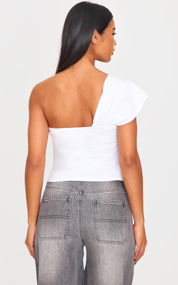 White Cotton Knot Detail Asymmetric Shoulder Long Top Product Image
