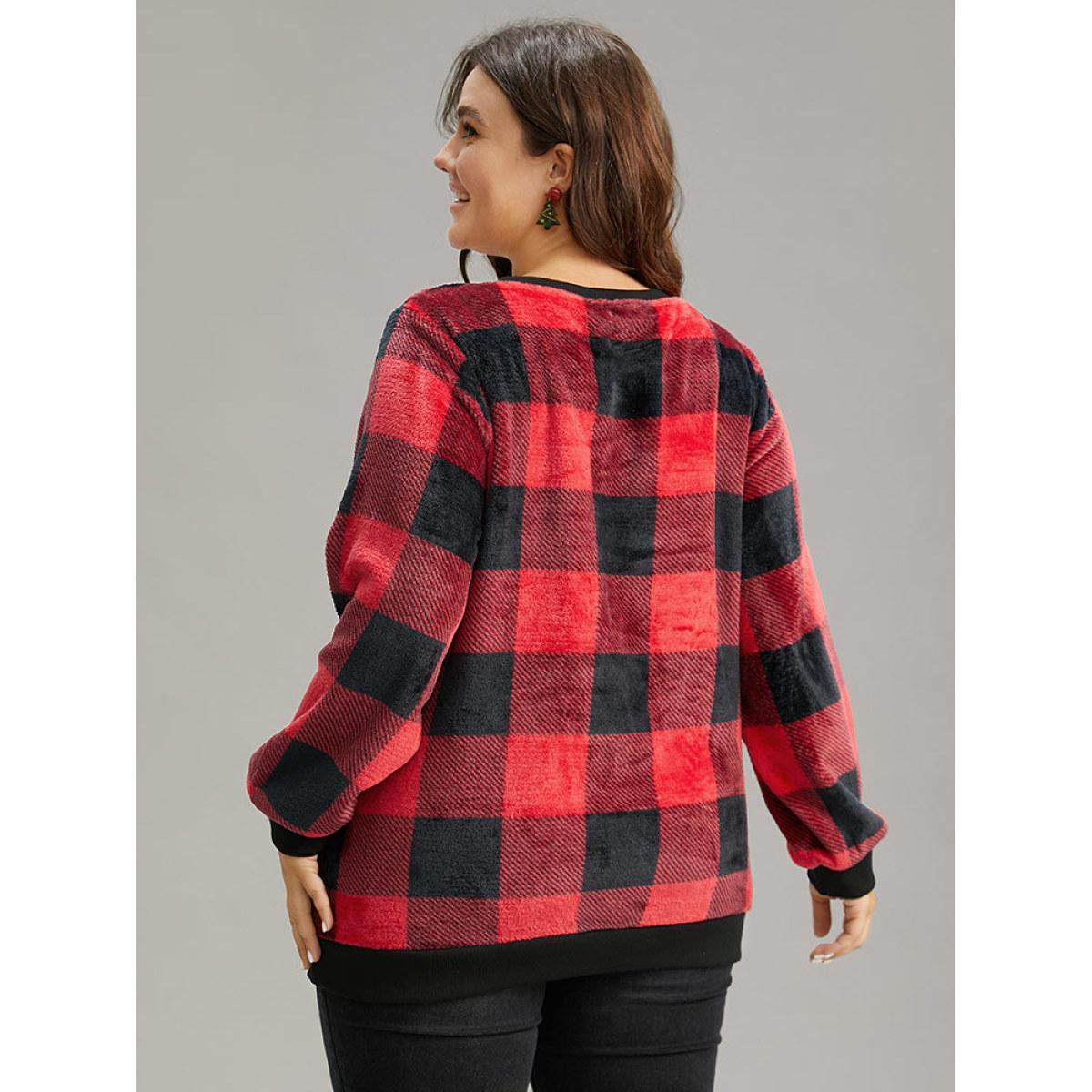 Plus Size Plaid Print Round Neck Fluffy Sweatshirt Women Scarlet Casual Rib Knit Round Neck Festival-Christmas Sweatshirts BloomChic 18-20/2X Product Image