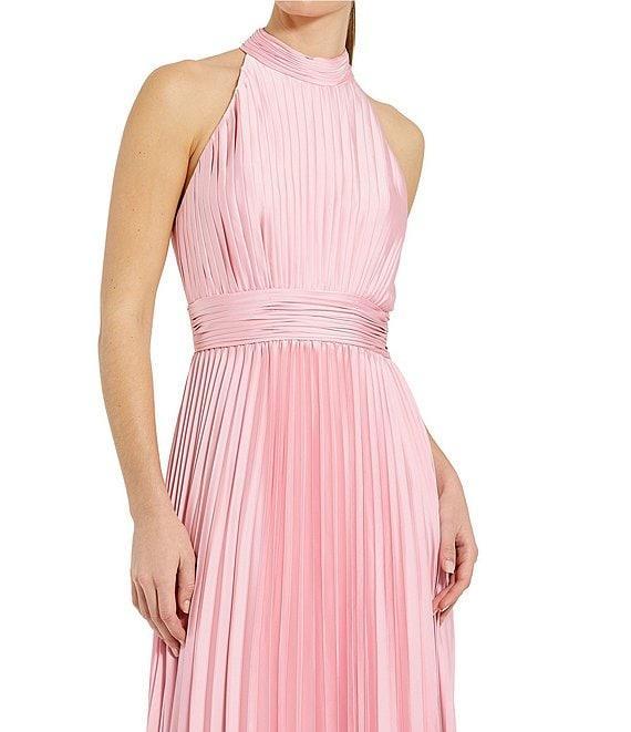 Mac Duggal Satin Pleated Halter Neck Sleeveless A-Line Dress Product Image