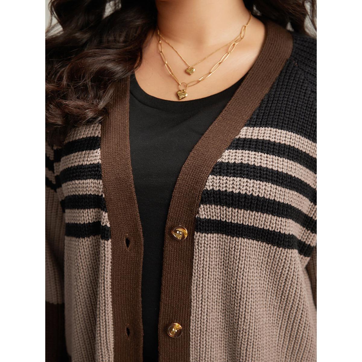 Plus Size Striped Colorblock Patched Pocket Cardigan Multicolor Women Casual Loose Long Sleeve Dailywear Cardigans BloomChic 10/M Product Image