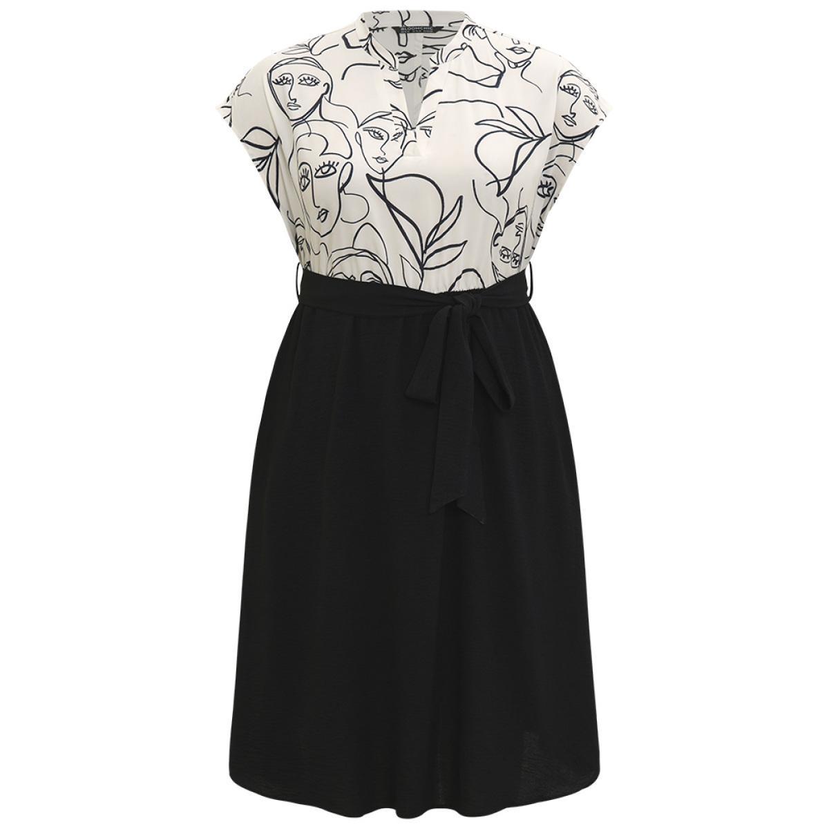 Plus Size Figure Graffiti Notched Patchwork Belted Dress Ivory Women Office Lined Notched collar Short sleeve Curvy Midi Dress BloomChic 18-20/2X Product Image