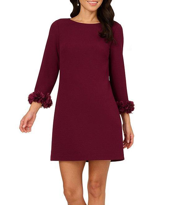 Adrianna Papell Crepe Shift Boat Neck 3/4 Sleeve 3-D Flower Cuff Mini Dress Product Image