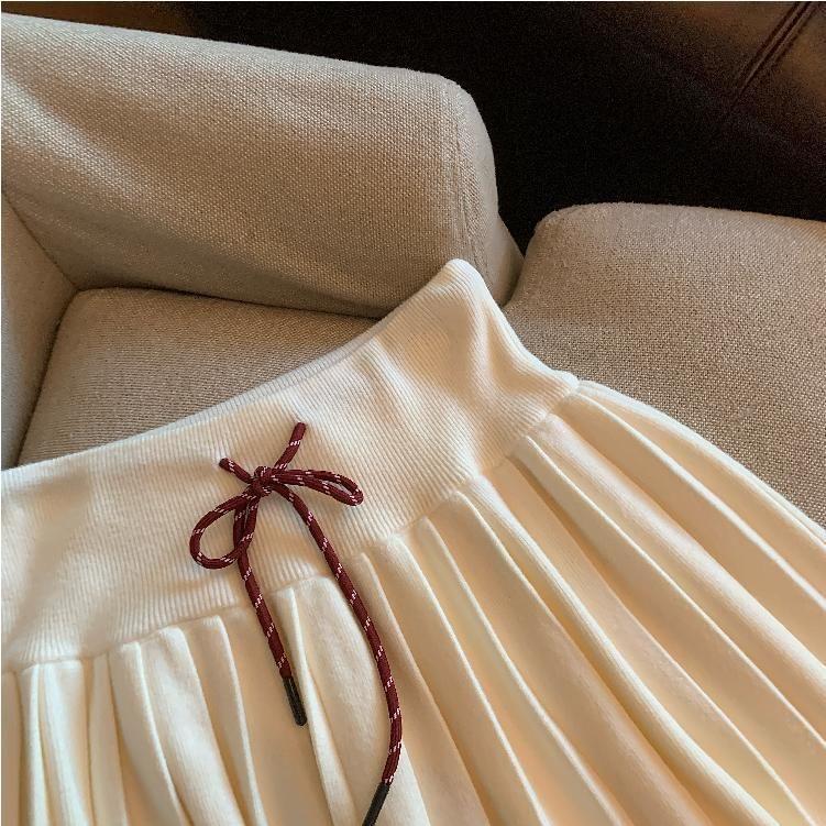 High Waist Plain Pleated Mini A-Line Knit Skirt Product Image