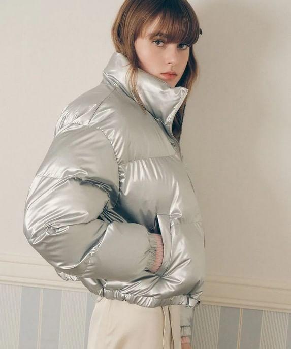 Lamé Short Puffer Jacket (Silver) Product Image